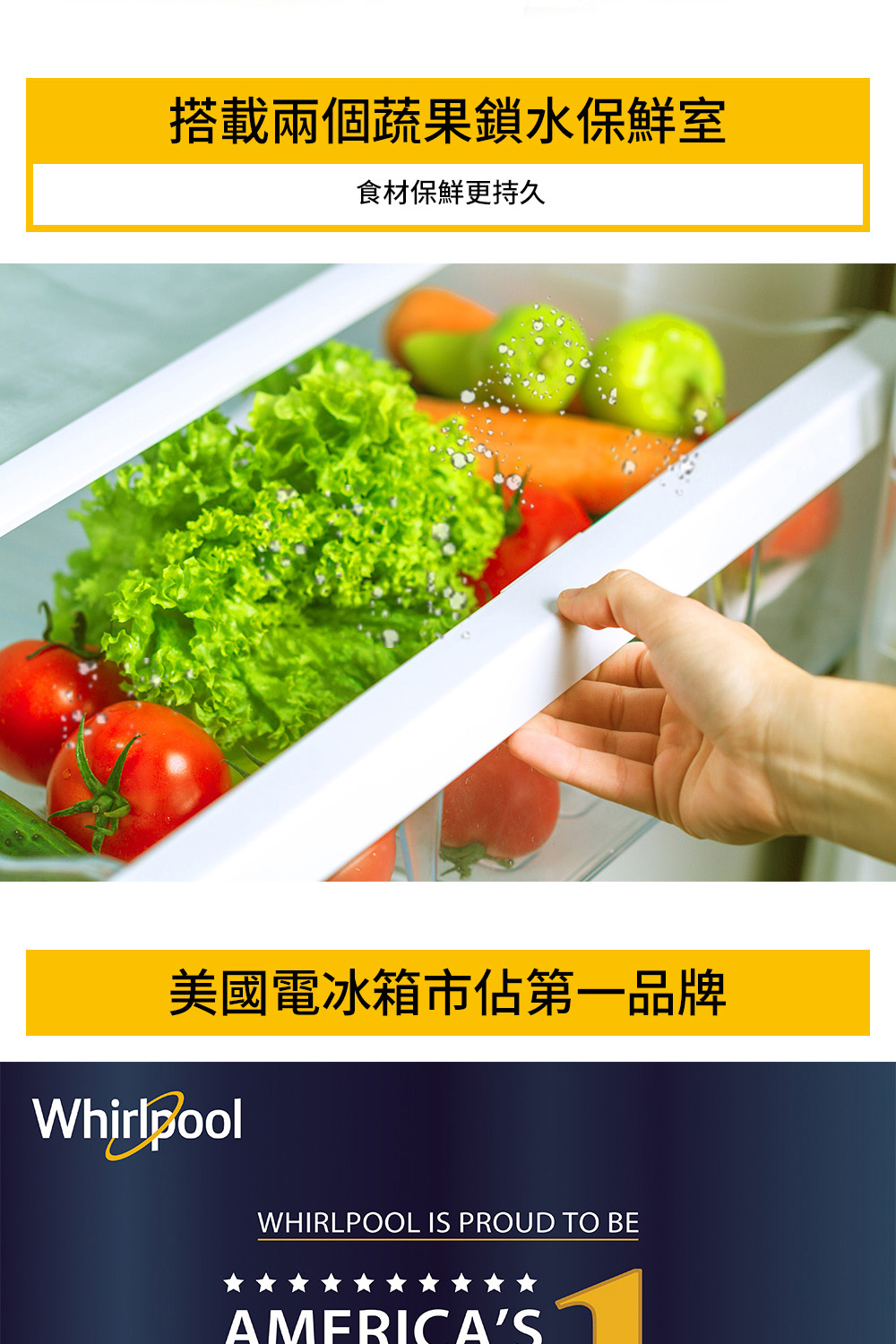 搭載兩個蔬果鎖水保鮮室 食材保鮮更持久 美國電冰箱市佔第一品牌 