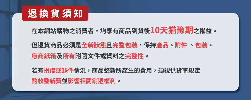 但退貨商品必須是全新狀態且完整包裝,保持產品、附件、包裝、