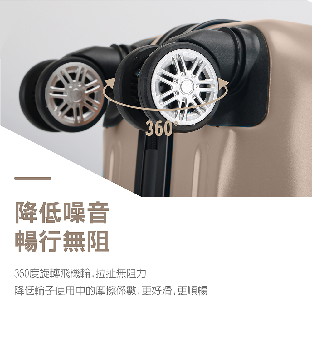 降低噪音 暢行無阻 360度旋轉飛機輪,拉扯無阻力 降低輪子使用中的摩擦係數,更好滑,更順暢 