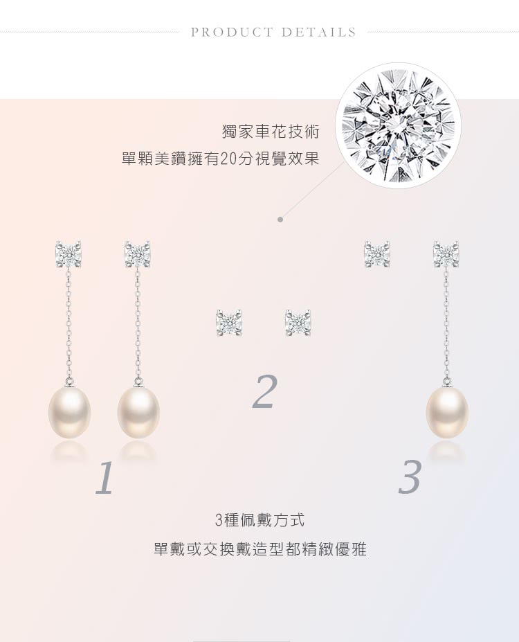 獨家車花技術 單顆美鑽擁有20分視覺效果 3種佩戴方式 單戴或交換戴造型都精緻優雅 