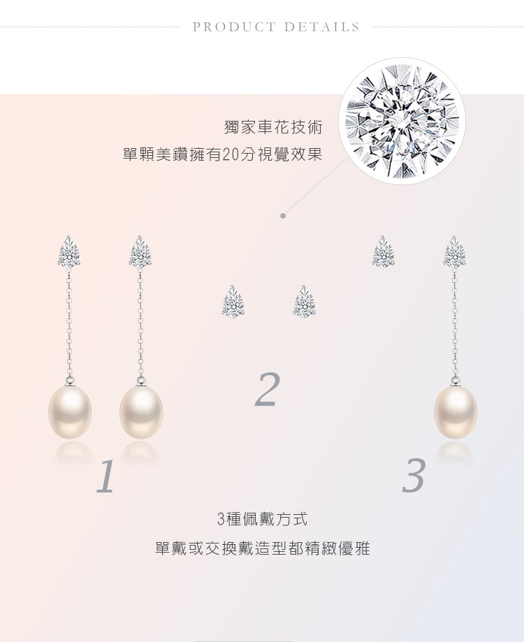 獨家車花技術 單顆美鑽擁有20分視覺效果 3種佩戴方式 單戴或交換戴造型都精緻優雅 