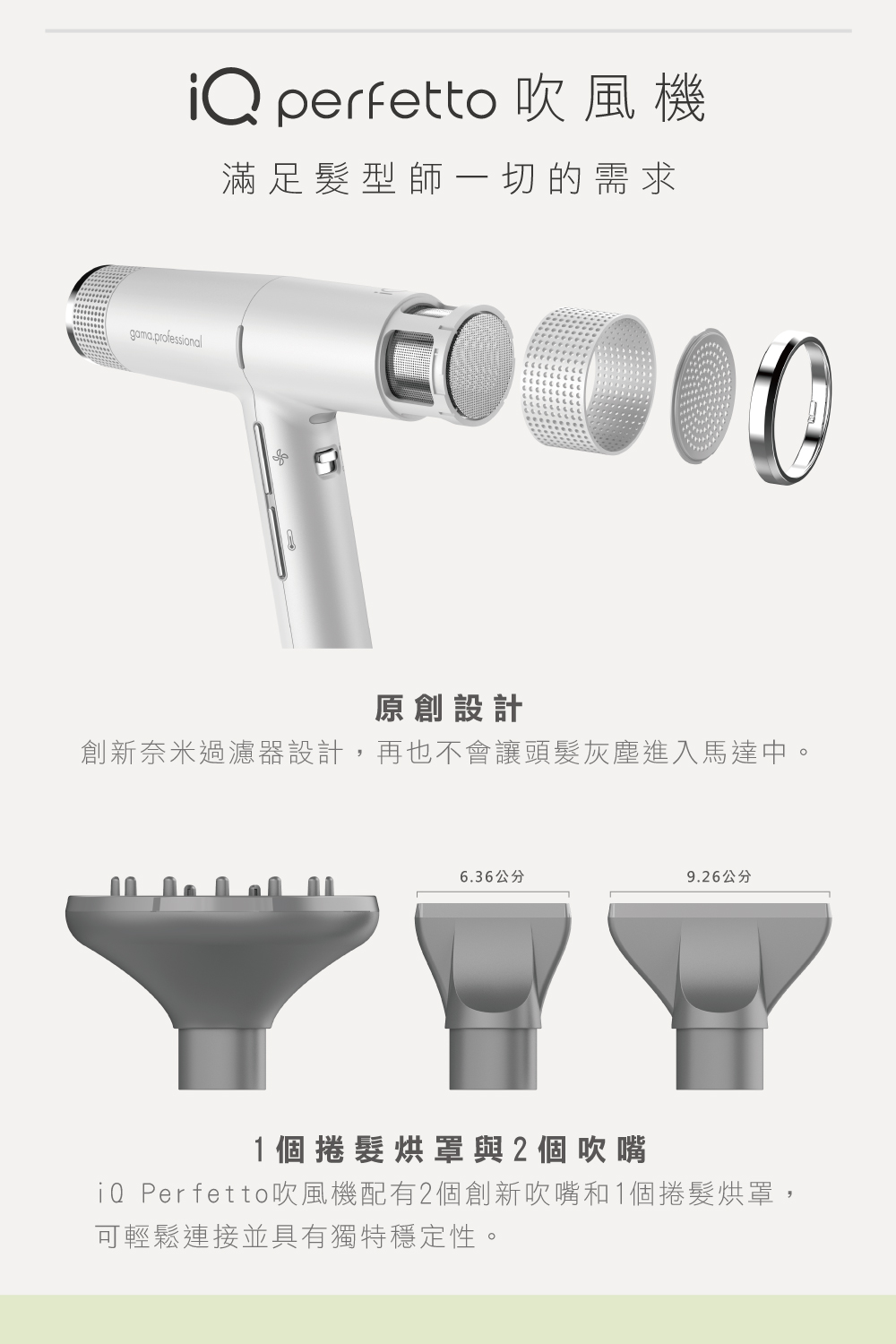 iQ Perfetto吹風機配有2個創新吹嘴和1個捲髮烘罩,