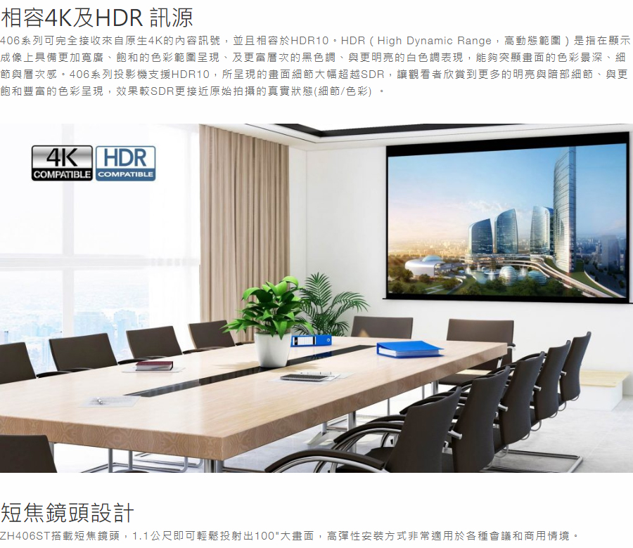 406系列可完全接收來自原生4K的內容訊號,並且相容於HDR10。 HDR High Dynamic Range,高動態範圍是指在顯示