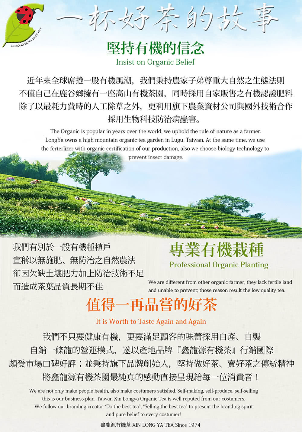 不僅自己在鹿谷鄉擁有一座高山有機茶園,同時採用自家販售之有機認證肥料