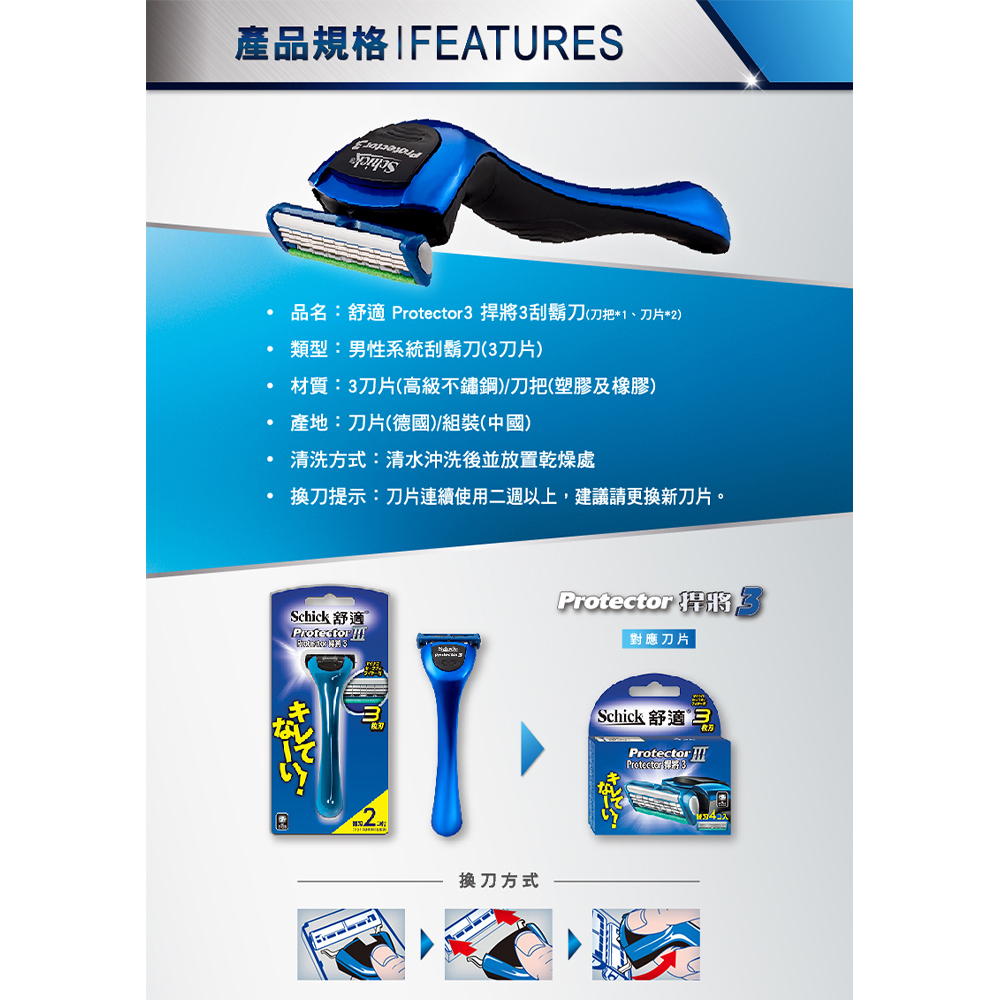 品名舒適 Protector 3捍將3刮鬍刀刀把1、刀片2