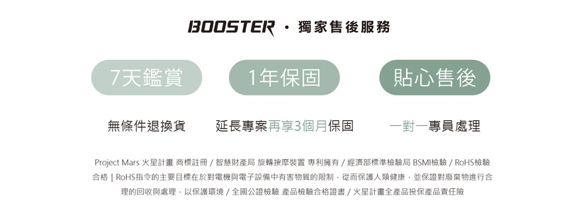 Project Mars 火星計畫 商標註冊智慧財產局 旋轉按摩裝置 專利擁有經濟部標準檢驗局BSMI檢驗 RoHS檢驗
