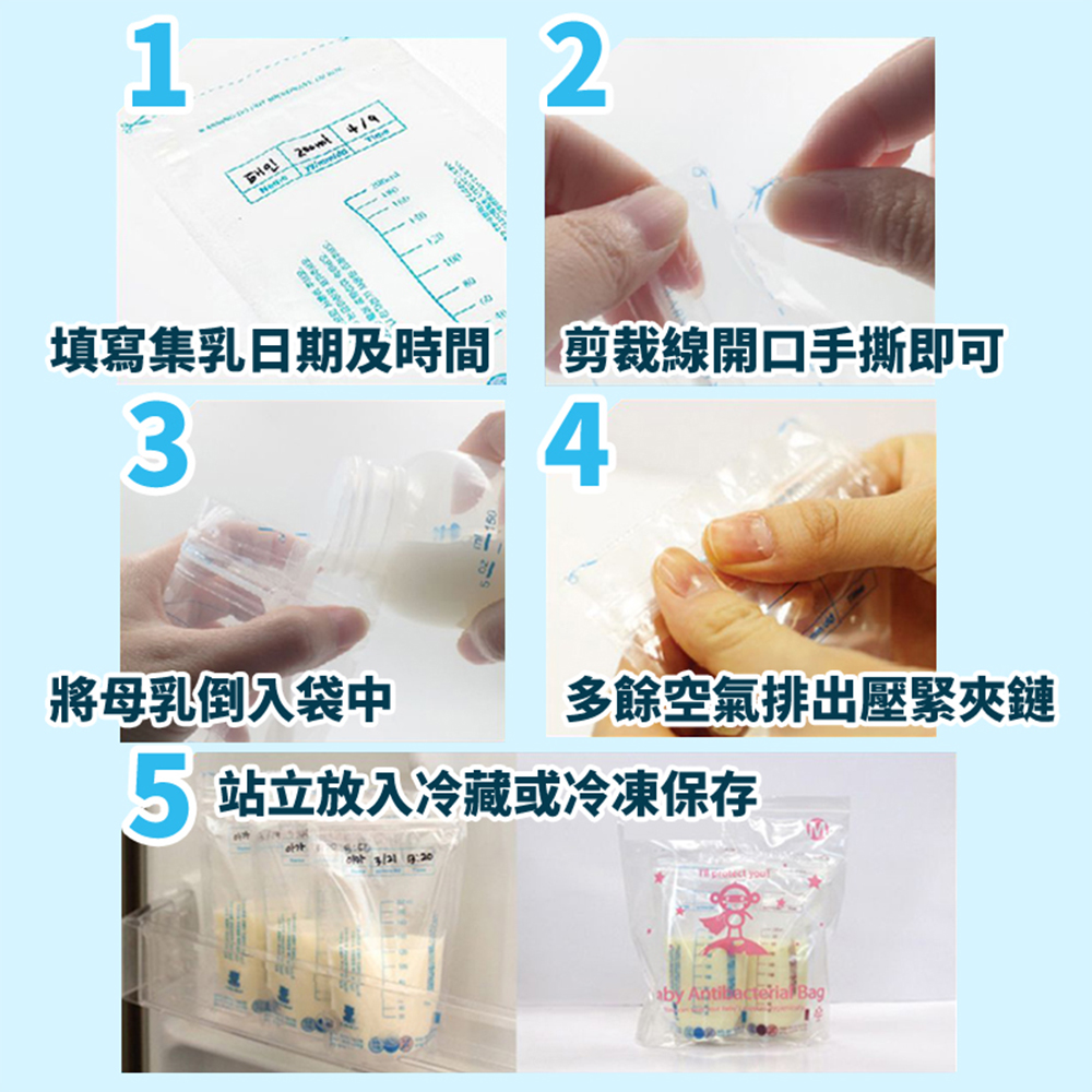 填寫集乳日期及時間 剪裁線開口手撕即可 將母乳倒入袋中 多餘空氣排出壓緊夾鏈 5 站立放入冷藏或冷凍保存 