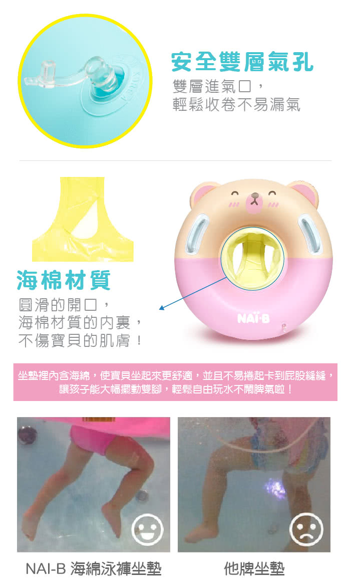 坐墊裡內含海綿,使實貝坐起來更舒適,並且不易捲起卡到屁股縫縫,