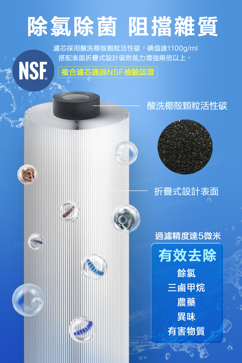 濾芯採用酸洗椰殼顆粒活性碳,碘值達1100gml