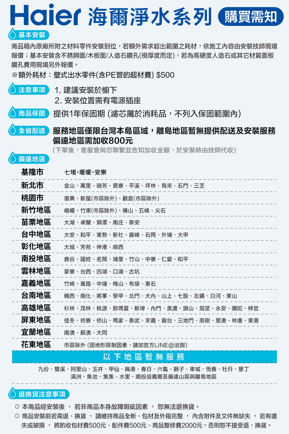 Haier 海爾淨水系列 基本安裝商品箱原廠所附之材料零件安装到位,若額外需求超出範圍之耗材,依施工容由安裝技師現場報價;基本安裝含不銹鋼面/木板面/人造石鑽孔(視厚度而定),若為高硬度人造石或其它材質面板鑽孔費用現場另外報價。※額外耗材:壁式出水零件(含PE管的超材費)$500注意事項 1.建議安裝於櫥下2. 安裝位置需有電源插座商品保固 提供1年保固期(濾芯屬於消耗品,不列入保固範圍內)全省配送服務地區僅限台灣本島區域,離島地區暫無提供配送及安裝服務偏遠地區需加收800元(下單後,客服會與您聯繫並告知加收金額,於安裝時由技師代收)偏遠地區基隆市七堵、暖暖、安樂新北市金山、萬里、瑞芳、貢寮、平溪、坪林、烏來、石門、三芝桃園市復興、新屋(市區除外)、觀音(市區除外)新竹地區峨嵋、竹東(市區除外)、橫山、五峰、尖石苗栗地區大湖、卓蘭、獅潭、南庄、泰安台中地區大安、和平、東勢、新社、霧峰、石岡、外埔、大甲彰化地區大城、芳苑、伸港、線西南投地區鹿谷、國姓、名間、埔里、竹山、中寮、仁愛、和平雲林地區麥寮、台西、四湖、口湖、古坑嘉義地區竹崎、番路、中埔、梅山、布袋、東石台南地區楠西、南化、將軍、學甲、北門、大內、山上、七股、左鎮、白河、東山高雄地區杉林、茂林、桃源、那瑪夏、、內門、美濃、旗山、茄萣、永安、彌陀、梓官屏東地區宜蘭地區佳冬、枋寮、枋山、瑪家、泰武、來義、霧台、三地門、高樹、里港、林邊、東港南澳、蘇澳、大同花東地區市區除外 (因地形限制因素,請加官方LINE@洽詢)以下地區暫無服務九份、雙溪、阿里山、玉井、甲仙、楓港、春日、六龜、獅子、車城、恆春、牡丹、墾丁滿洲、魚池、集集、水里、南投信義鄉及偏遠山區與離島地區退換貨注意事項◎本商品經安裝後,若非商品本身故障瑕疵因素,恕無法退換貨。◎商品安裝前若需退、換貨,請維持商品全新、包材及外箱完整,內含附件及文件無缺失,若有遺失或破損,將酌收包材費500元、配件費500元、商品整修費2000元,否則恕不接受退、換貨。
