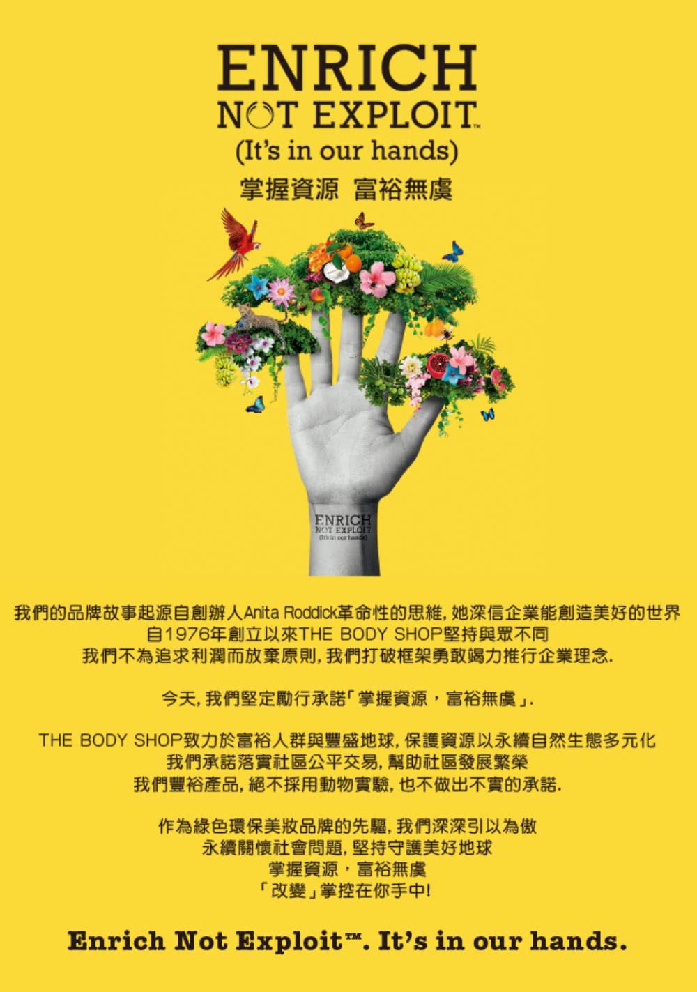 我們的品牌故事起源自創辦人Anita Roddick革命性的思維,她深信企業能創造美好的世界