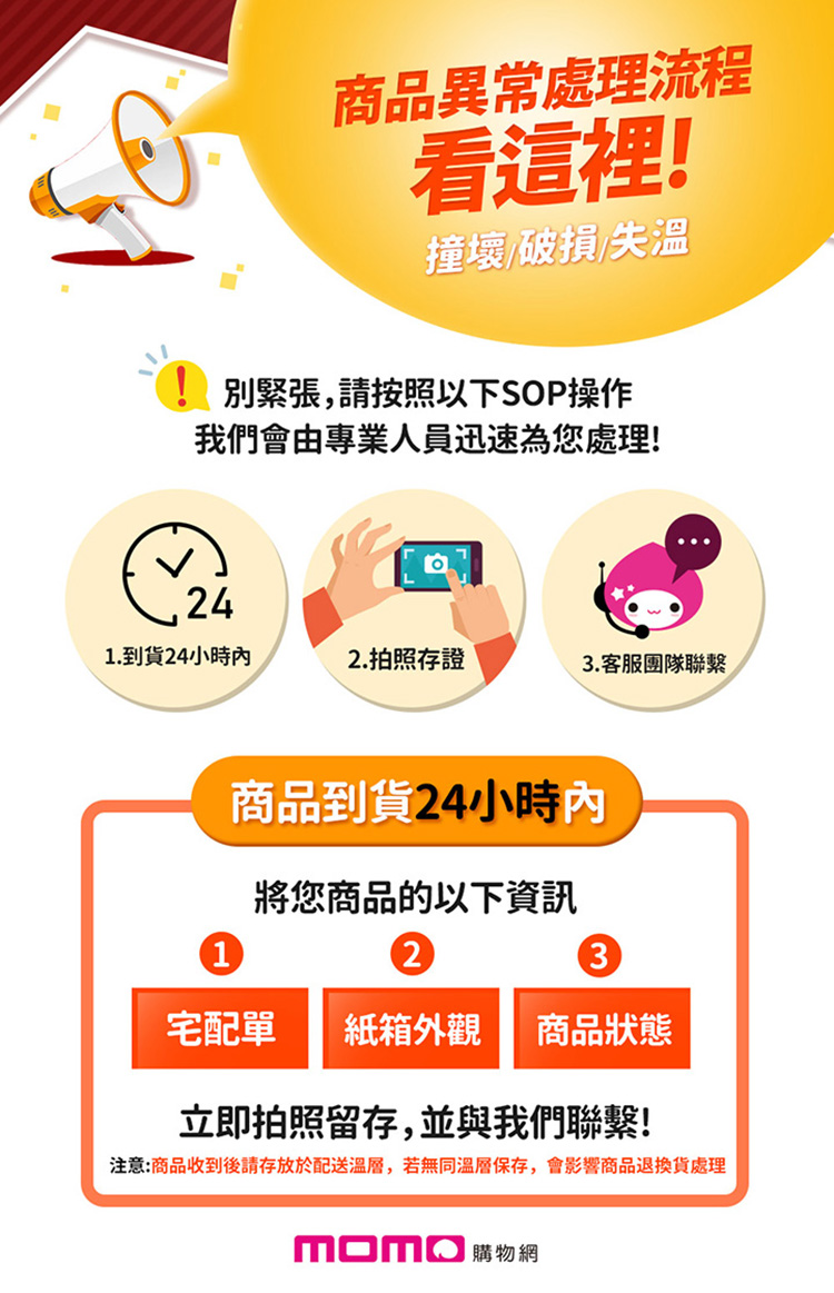 注意商品收到後請存放於配送溫層,若無同溫層保存,會影響商品退換貨處理