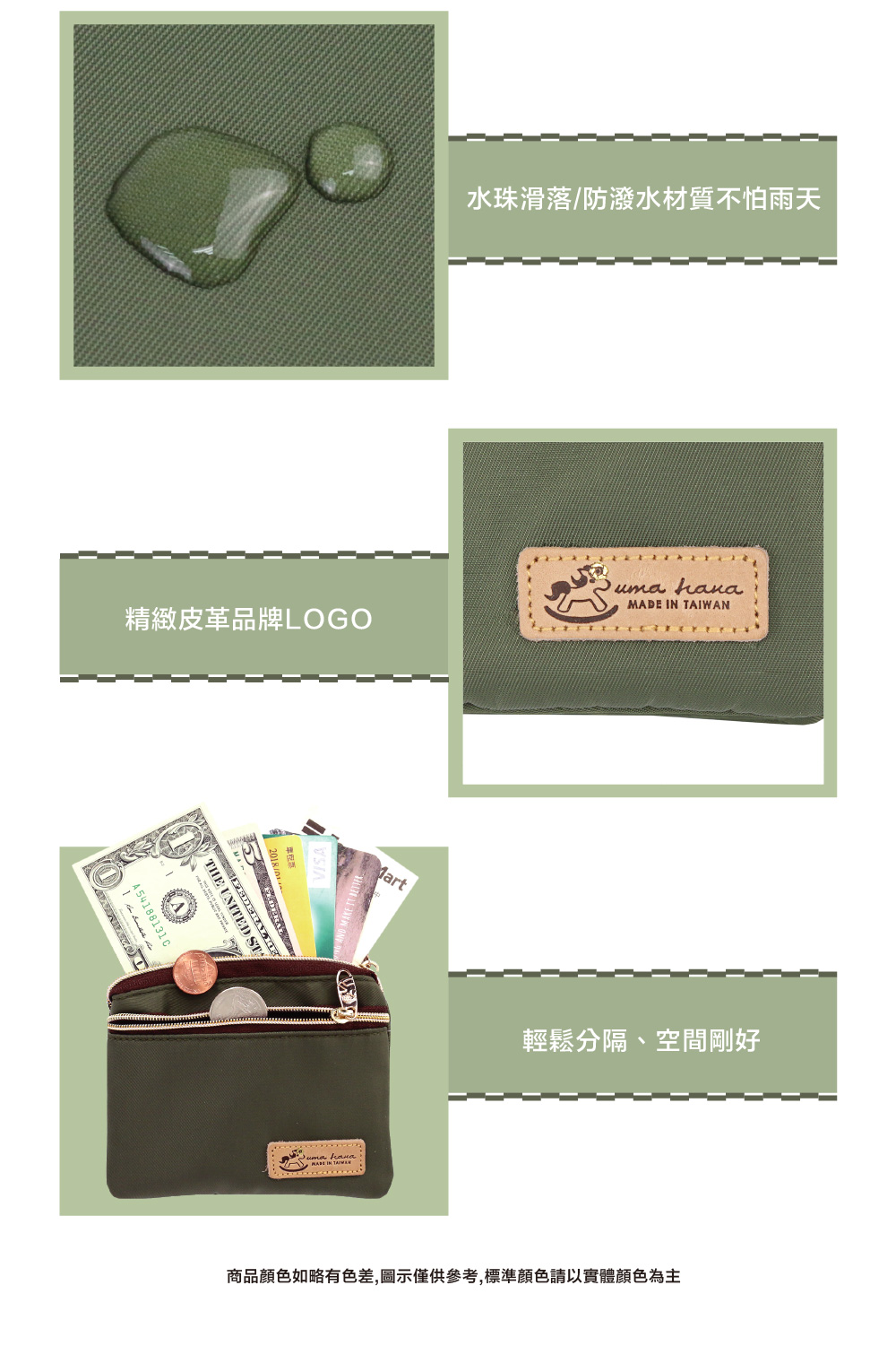 水珠滑落防潑水材質不怕雨天 精緻皮革品牌LOGO 輕鬆分隔、空間剛好 商品顏色如略有色差,圖示僅供參考,標準顏色請以實體顏色為主 