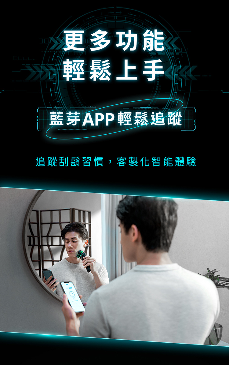 更多功能 輕鬆上手 藍芽APP輕鬆追蹤 追蹤刮鬍習慣,客製化智能體驗 