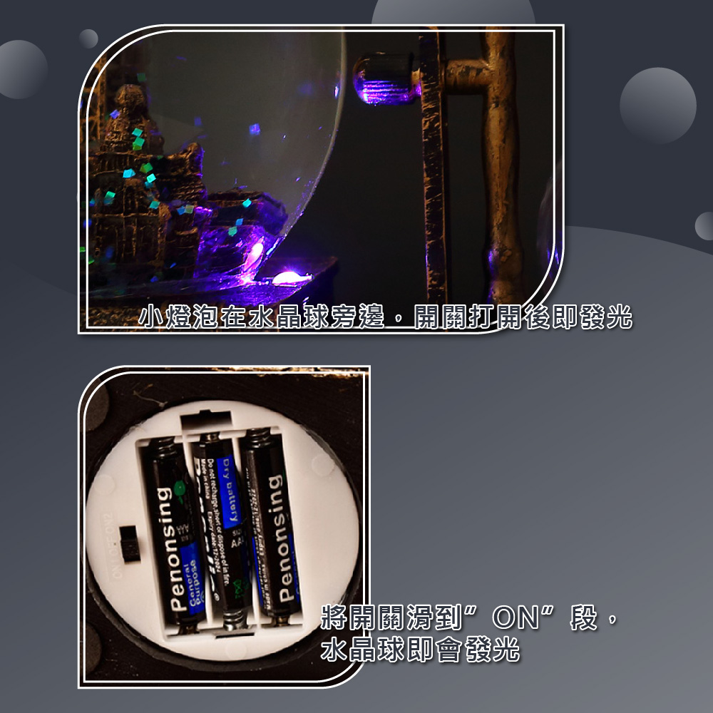 小燈泡在水晶球旁邊。開關打開後即發光 將開關滑到ON段 水晶球即會發光 