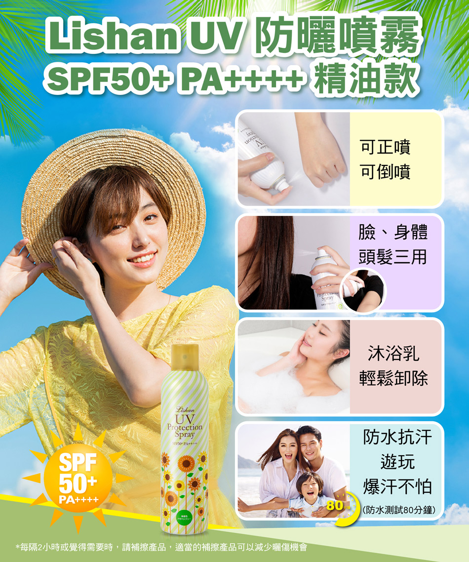 每隔2小時或覺得需要時,請補擦產品,適當的補擦產品可以減少曬傷機會
