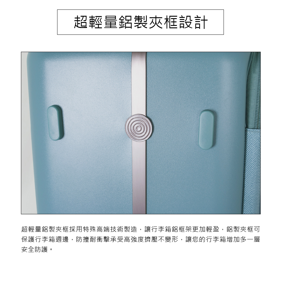 超輕量鋁製夾框設計 超輕量鋁製夾框採用特殊高端技術製造,讓行李箱鋁框架更加輕盈,鋁製夾框可 保護行李箱週邊,防撞耐衝擊承受高強度擠壓不變形,讓您的行李箱增加多一層 安全防護。 