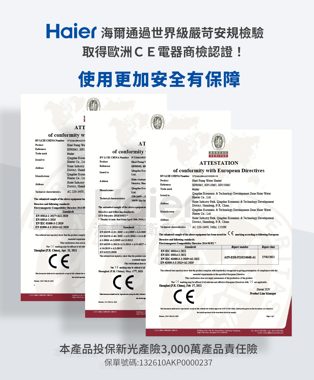 Haier 海爾通過世界級嚴苛安規檢驗 取得歐洲CE電器商檢認證 使用更加安全有保障 本產品投保新光產險3,000萬產品責任險 