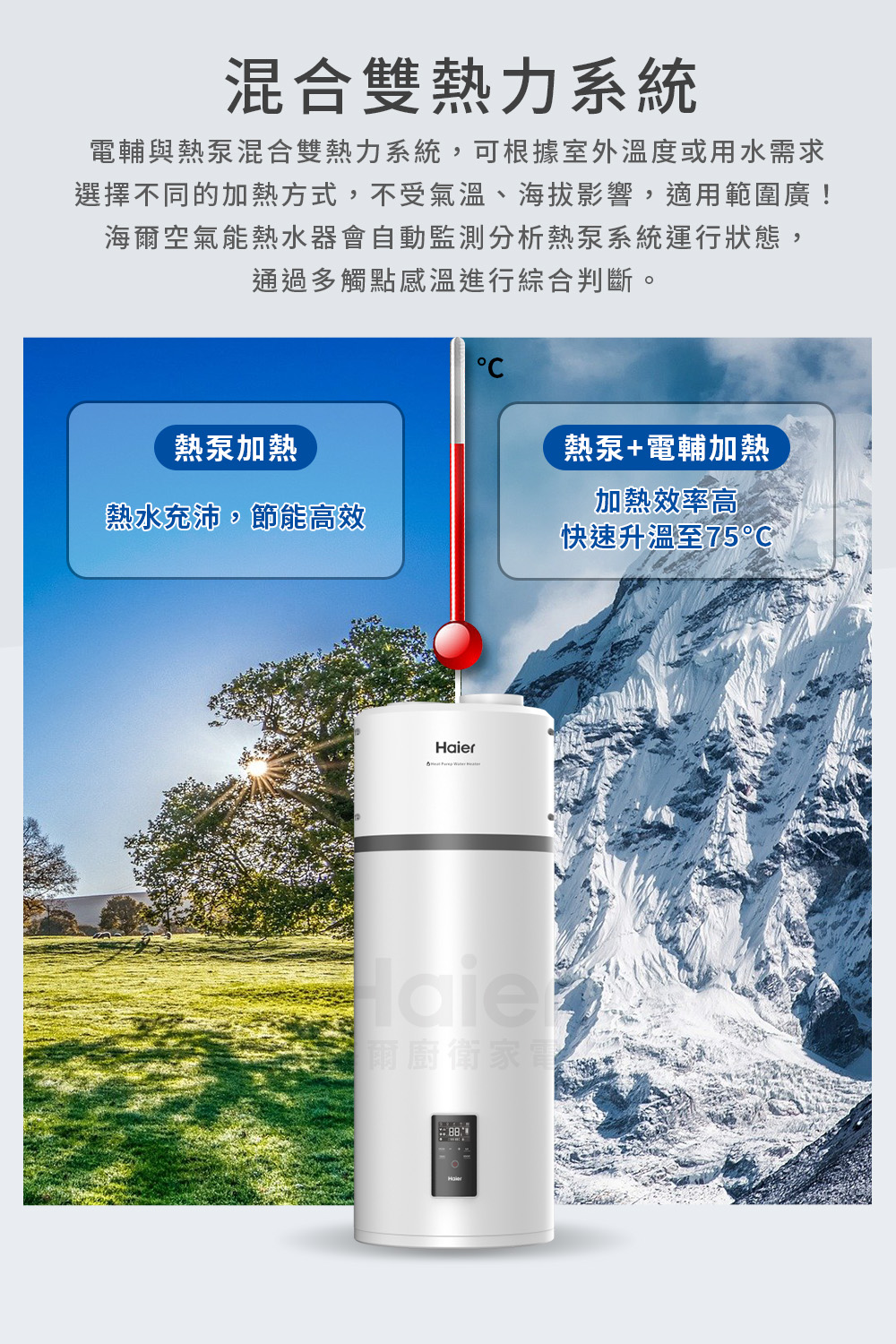 電輔與熱泵混合雙熱力系統,可根據室外溫度或用水需求