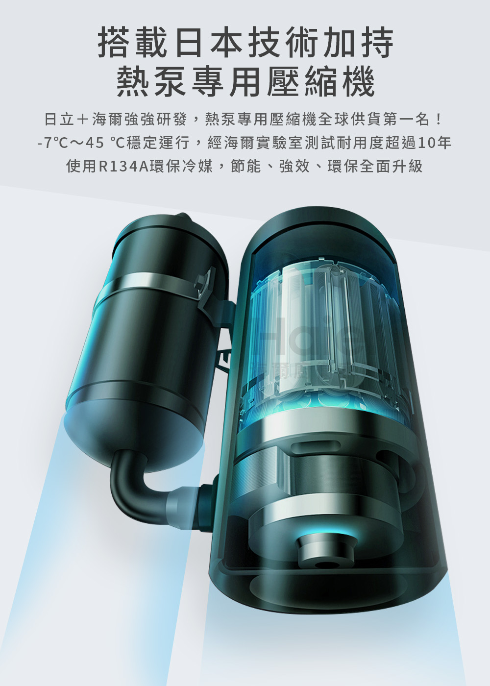 搭載日本技術加持 熱泵專用壓縮機 日立海爾強強研發,熱泵專用壓縮機全球供貨第一名 745 穩定運行,經海爾實驗室測試耐用度超過10年 使用R134A環保冷媒,節能、強效、環保全面升級 