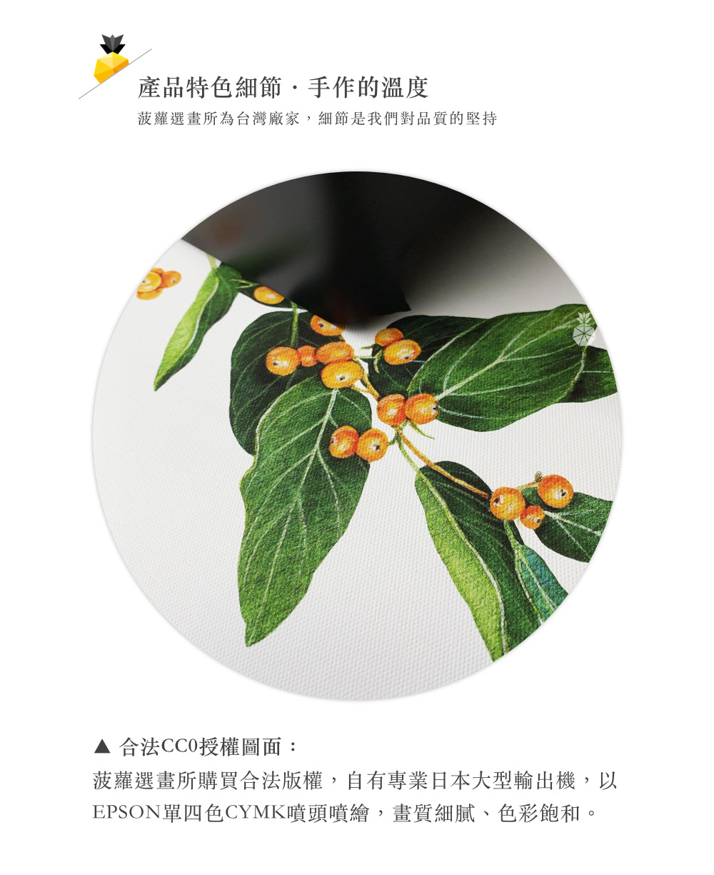 產品特色細節.手作的溫度 菠蘿選畫所為台灣廠家,細節是我們對品質的堅持 合法CC0授權圖面 菠蘿選畫所購買合法版權,自有專業日本大型輸出機,以 EPSON單四色CYMK噴頭噴繪,畫質細膩、色彩飽和。 