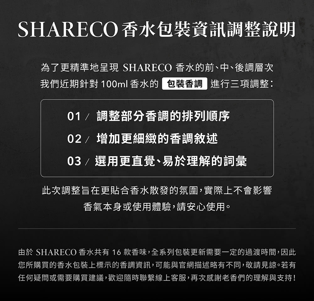 由於 SHARECO 香水共有 16款香味,全系列包裝更新需要一定的過渡時間,因此