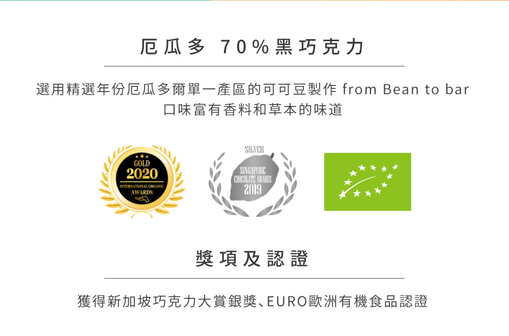 厄瓜多 70%黑巧克力 選用精選年份厄瓜多爾單一產區的可可豆製作 from Bean to bar 口味富有香料和草本的味道 獎項及認證 獲得新加坡巧克力大賞銀獎EURO歐洲有機食品認證 