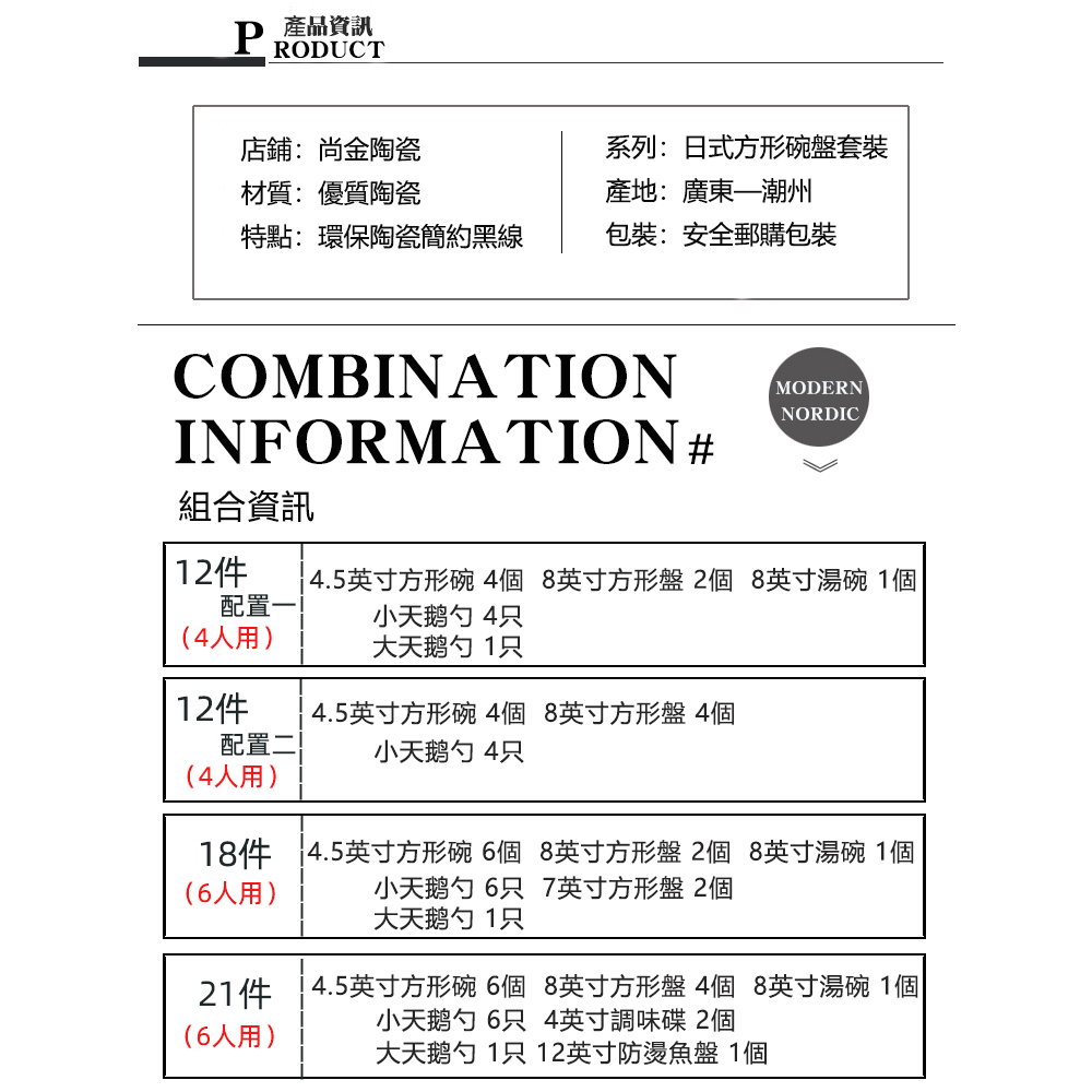 18件 4.5英寸方形碗 6個 8英寸方形盤2個 8英寸湯碗 1個