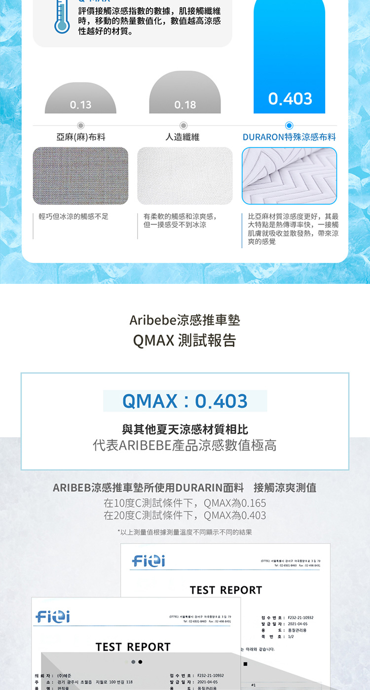 ARIBEB涼感推車墊所使用DURARIN面料 接觸涼爽測值