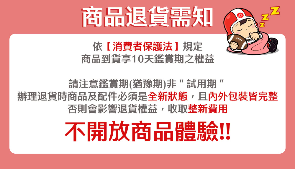 辦理退貨時商品及配件必須是全新狀態,且內外包裝皆完整