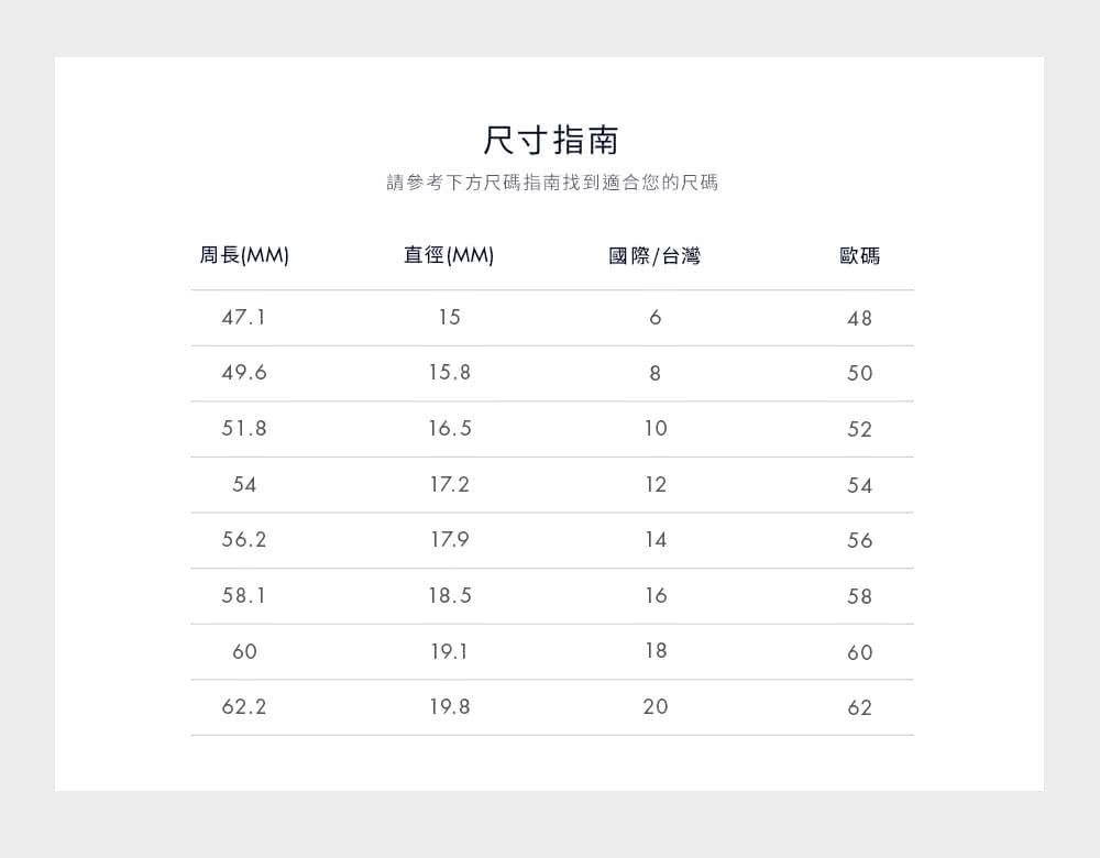請參考下方尺碼指南找到適合您的尺碼