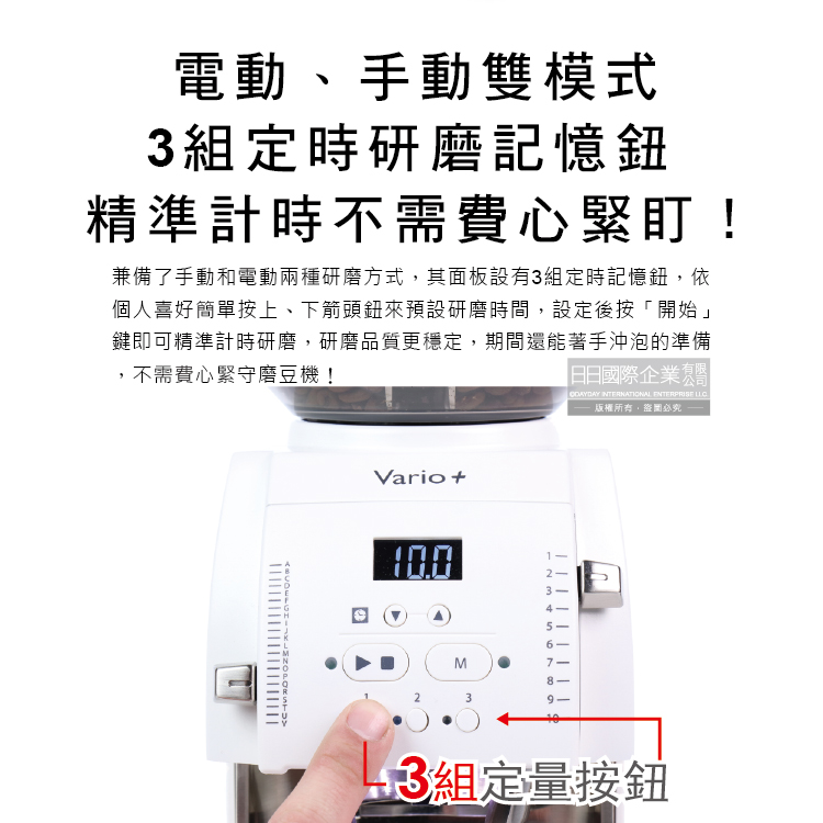 兼備了手動和電動兩種研磨方式,其面板設有3組定時記憶鈕,依