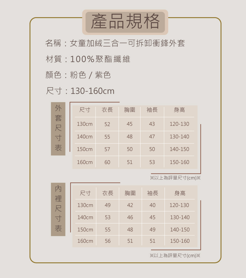 名稱女童加絨三合一可拆卸衝鋒外套