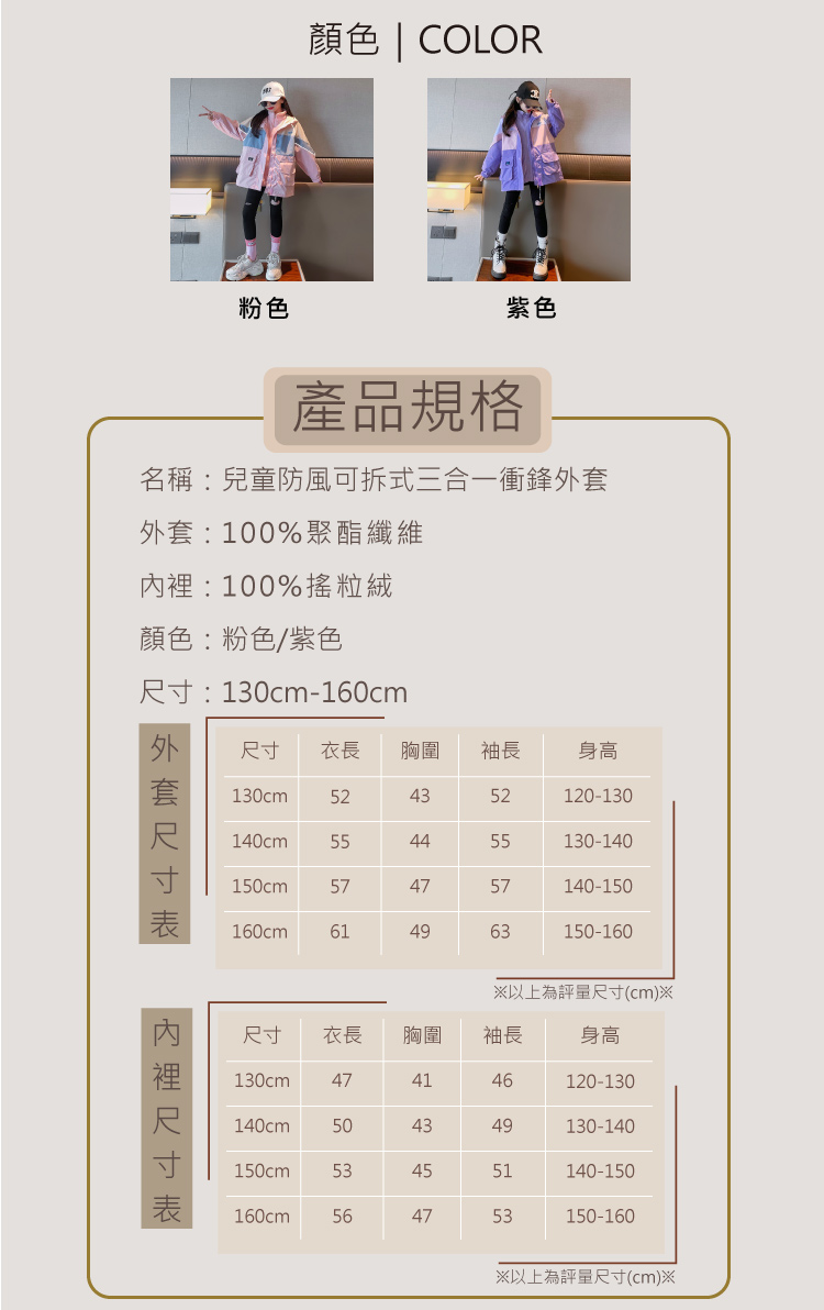 名稱兒童防風可拆式三合一衝鋒外套