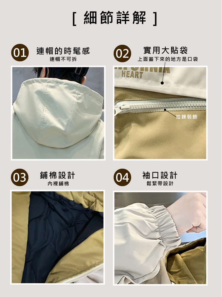 01 連帽的時髦感 02 實用大貼袋