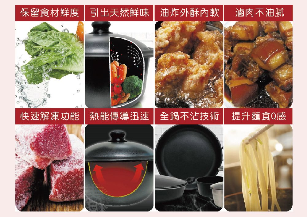 保留食材鮮度引出天然鮮味油炸外酥內軟 滷肉不油膩 快速解凍功能熱能傳導迅速全鍋不沾技術提升麵食Q感