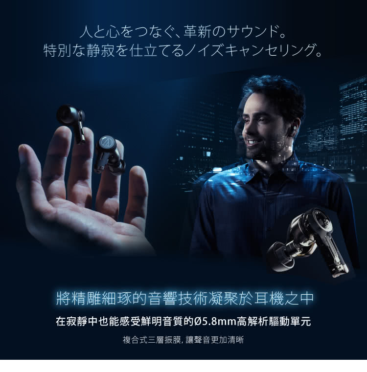 人心、 革新。 特別静寂仕立。 將精雕細琢的音響技術凝聚於耳機之中 在寂靜中也能感受鮮明音質的5.8mm高解析驅動單元 複合式三層振膜,讓聲音更加清晰 