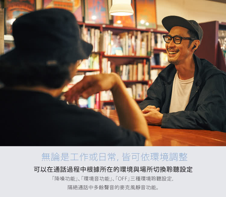 無論是工作或日常,皆可依環境調整 可以在通話過程中根據所在的環境與場所切換聆聽設定 降噪功能、環境音功能、OFF三種環境聆聽設定, 隔絕通話中多餘聲音的麥克風靜音功能。 
