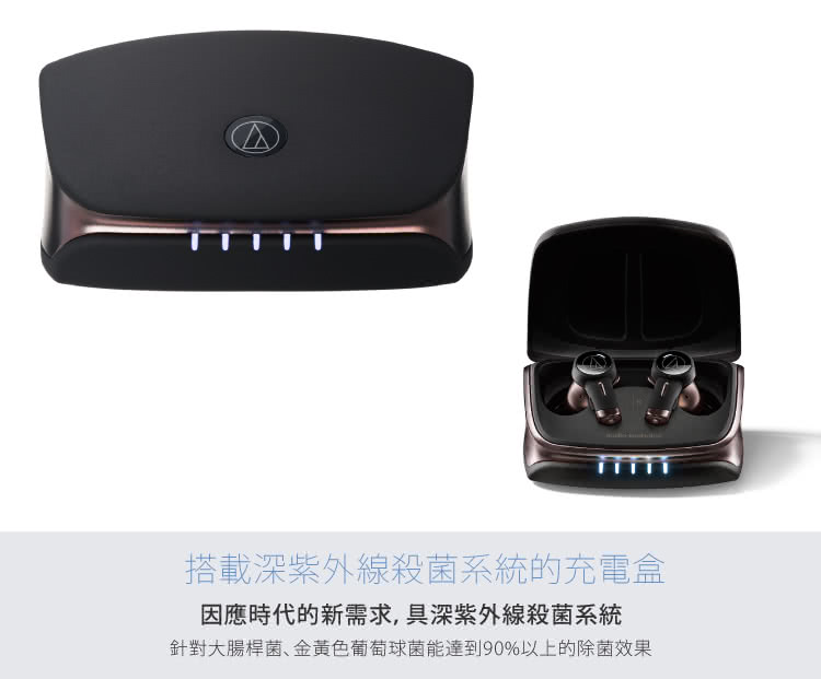 搭載深紫外線殺菌系統的充電盒 因應時代的新需求,具深紫外線殺菌系統 針對大腸桿菌金黃色葡萄球菌能達到90%以上的除菌效果 