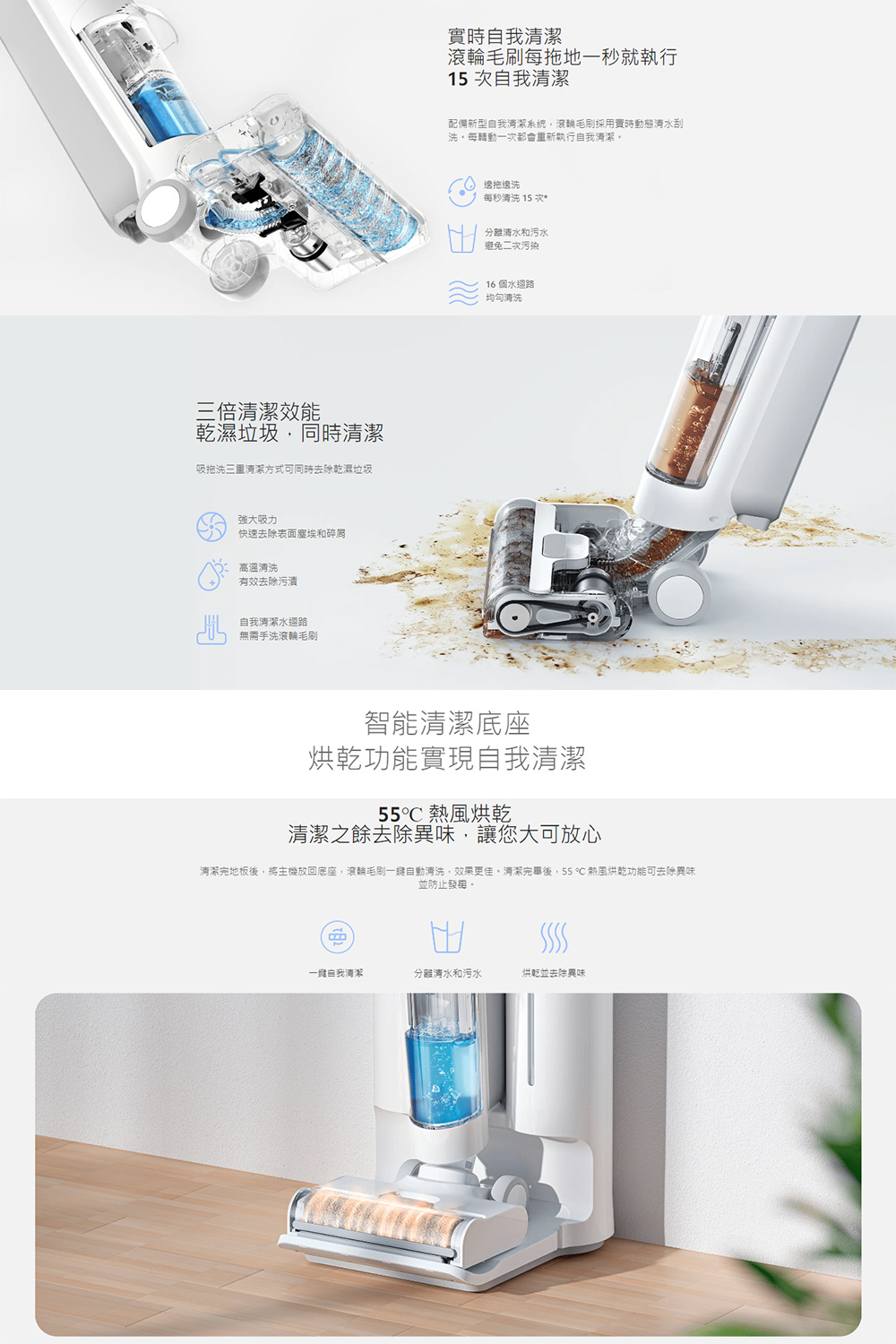 清潔完地板後,將主機放回底座,滾輪毛刷一鍵自動清洗,效果更佳。清潔完畢後,55  熱風烘乾功能可去除異味