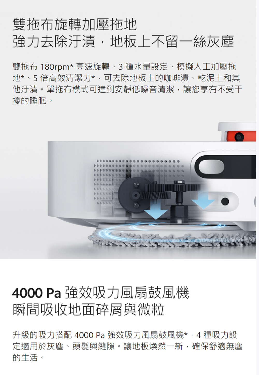 升級的吸力搭配 4000 Pa 強效吸力風扇鼓風機,4種吸力設