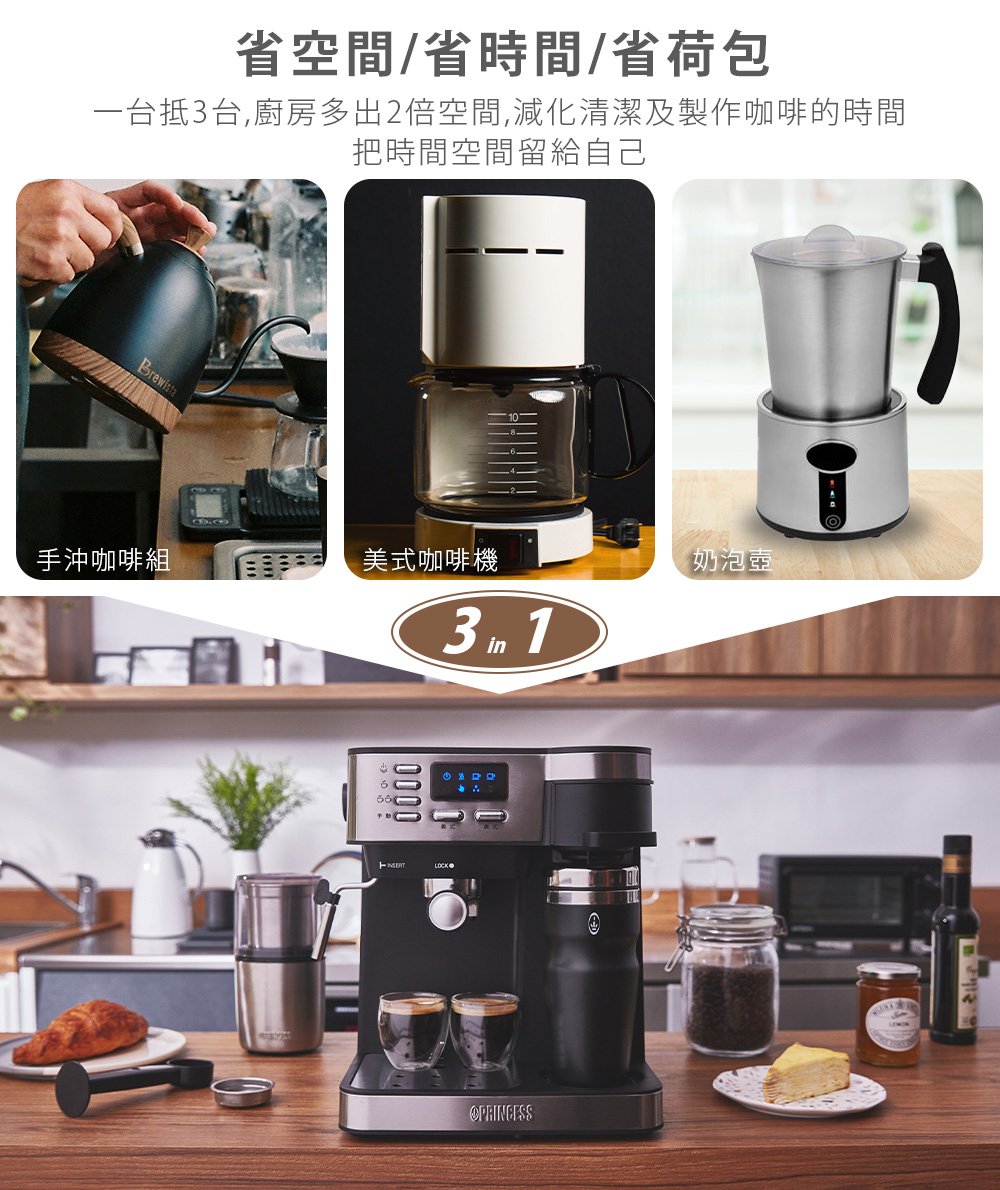 一台抵3台,廚房多出2倍空間,減化清潔及製作咖啡的時間
