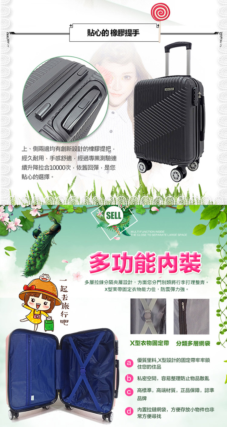 多層拉鍊分隔夾層設計,方面您分門別類將行李打理整齊。