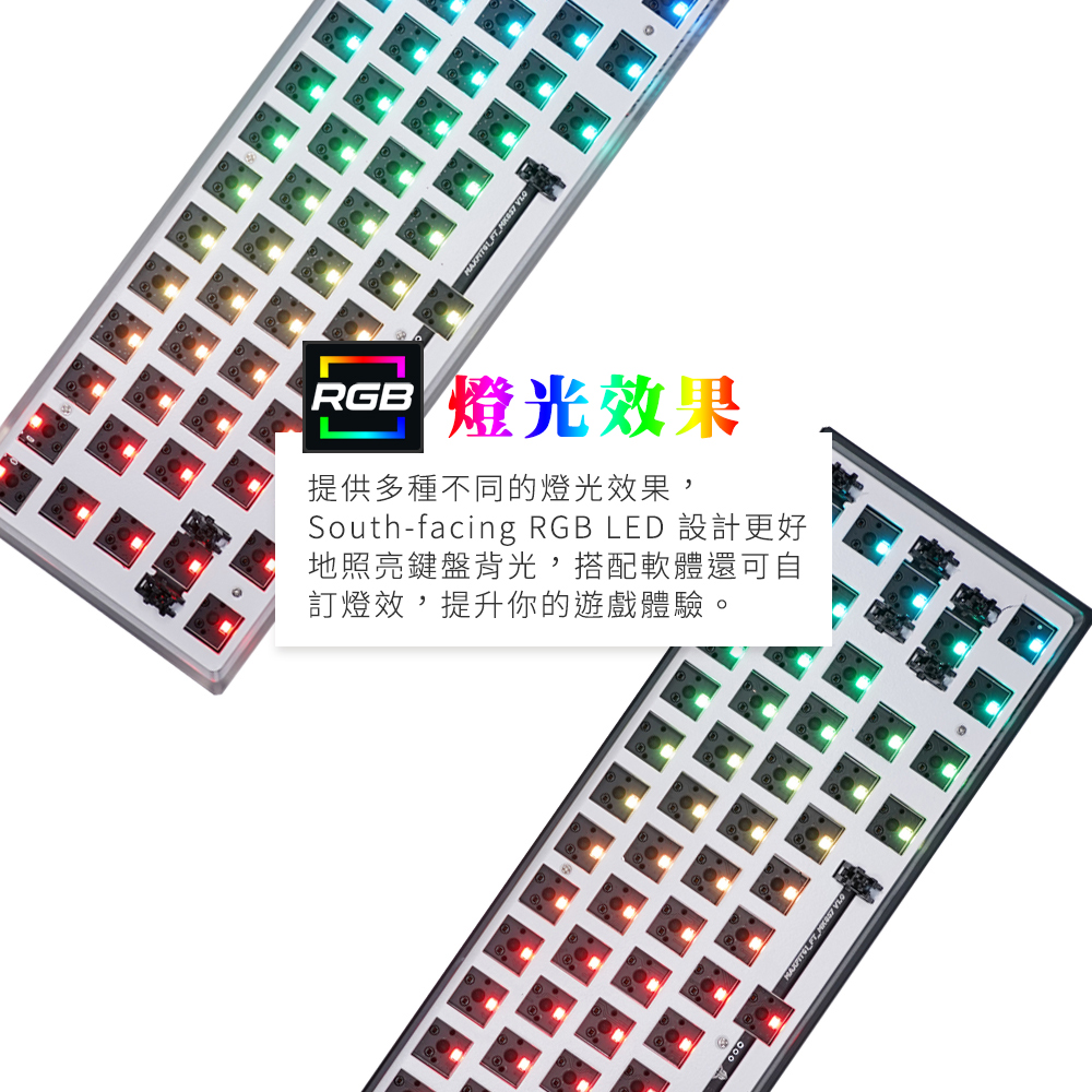 se 燈光效果 提供多種不同的燈光效果, Southfacing RGB LED 設計更好 地照亮鍵盤背光,搭配軟體還可自 訂燈效,提升你的遊戲體驗。 