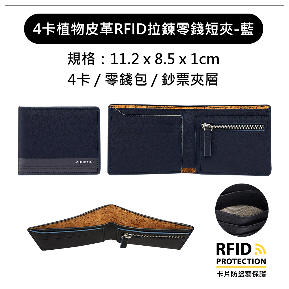 4卡植物皮革RFID拉鍊零錢短夾藍 規格11.2 x 8.5 x 1cm 4卡零錢包鈔票夾層 卡片防盜寫保護 
