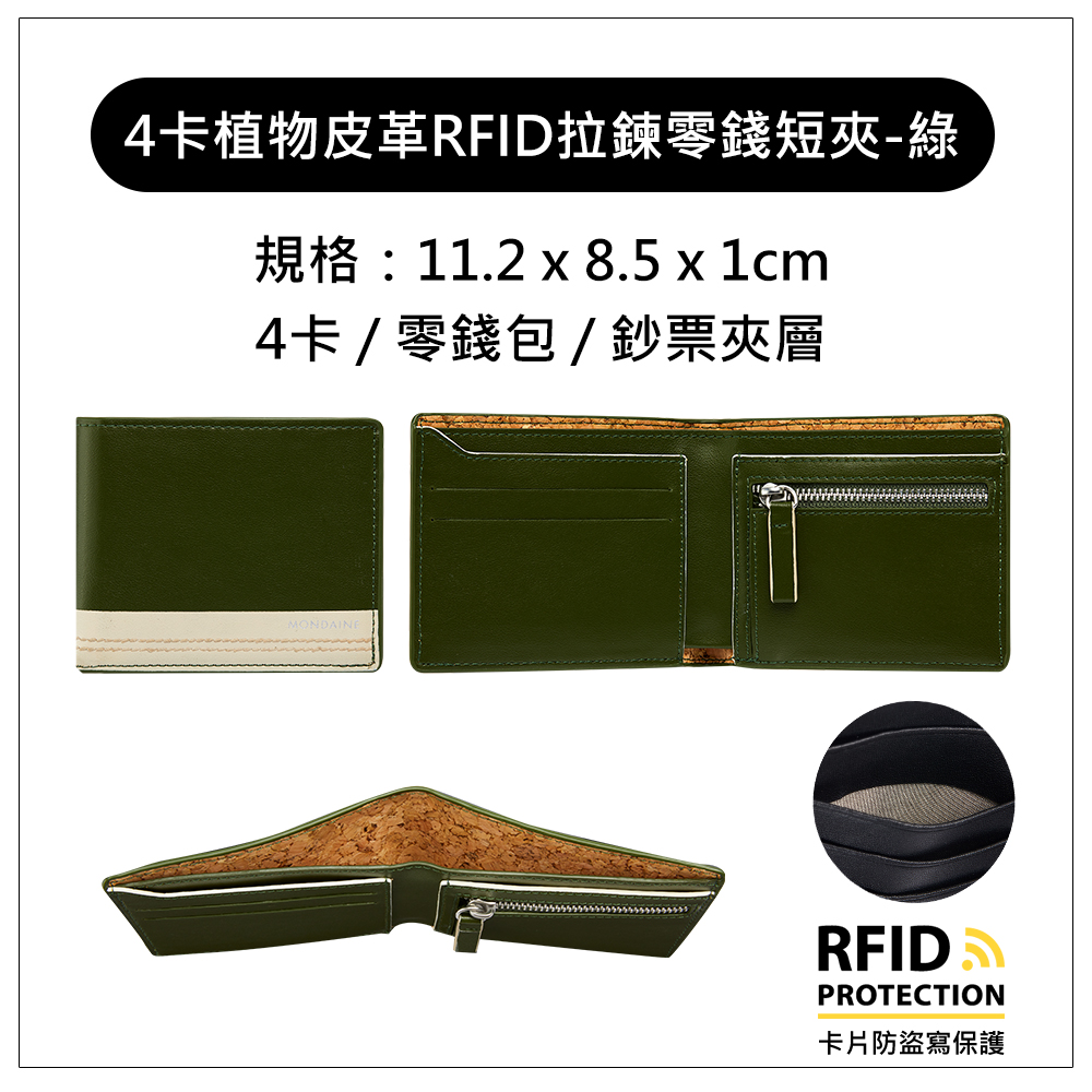 4卡植物皮革RFID拉鍊零錢短夾綠 規格 11.2 x 8.5 x 1cm 4卡零錢包鈔票夾層 卡片防盜寫保護 