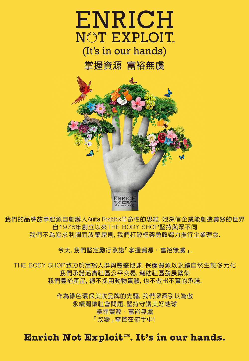 我們的品牌故事起源自創辦人Anita Roddick革命性的思維, 她深信企業能創造美好的世界