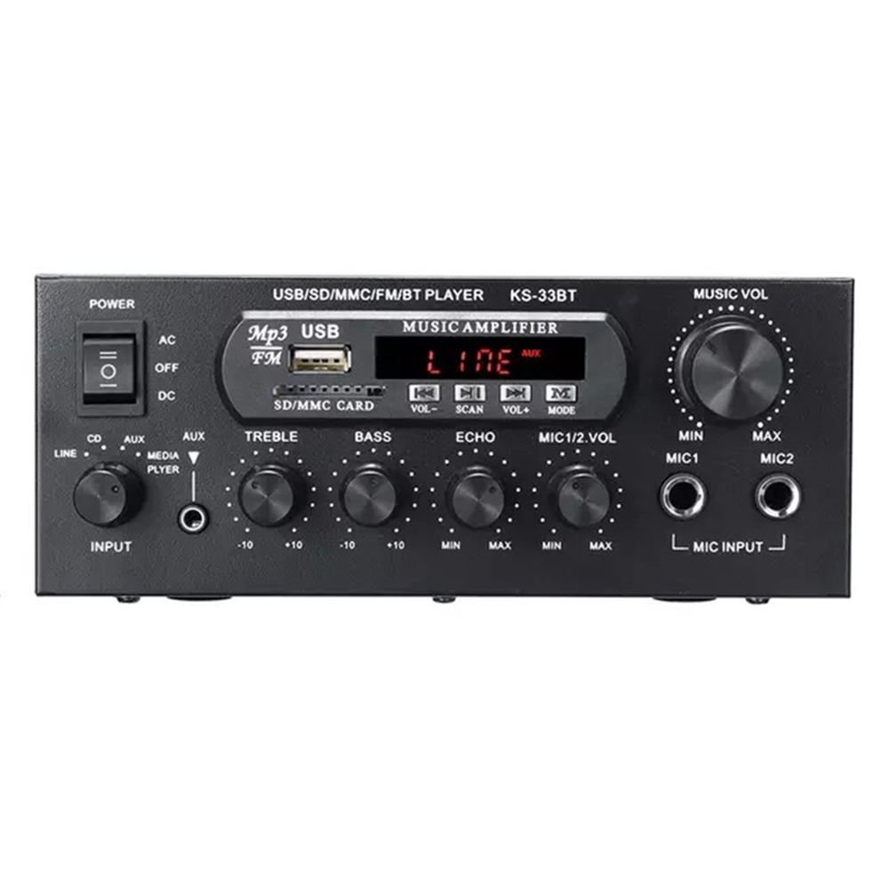 POWERAUXINEUSB/SD/MC/FM/BT PLAYER KS-33BTACMp3 USBFMMUSIC AMPLIFIERAUXOFFPLYERSD/MMC CARDAUXTREBLEBASSINPUTMVOL- SCAN VOL MODEECHOMUSIC VOLMIC1/2.VOLMINMAXMIC1MIC2L MIC INPUT