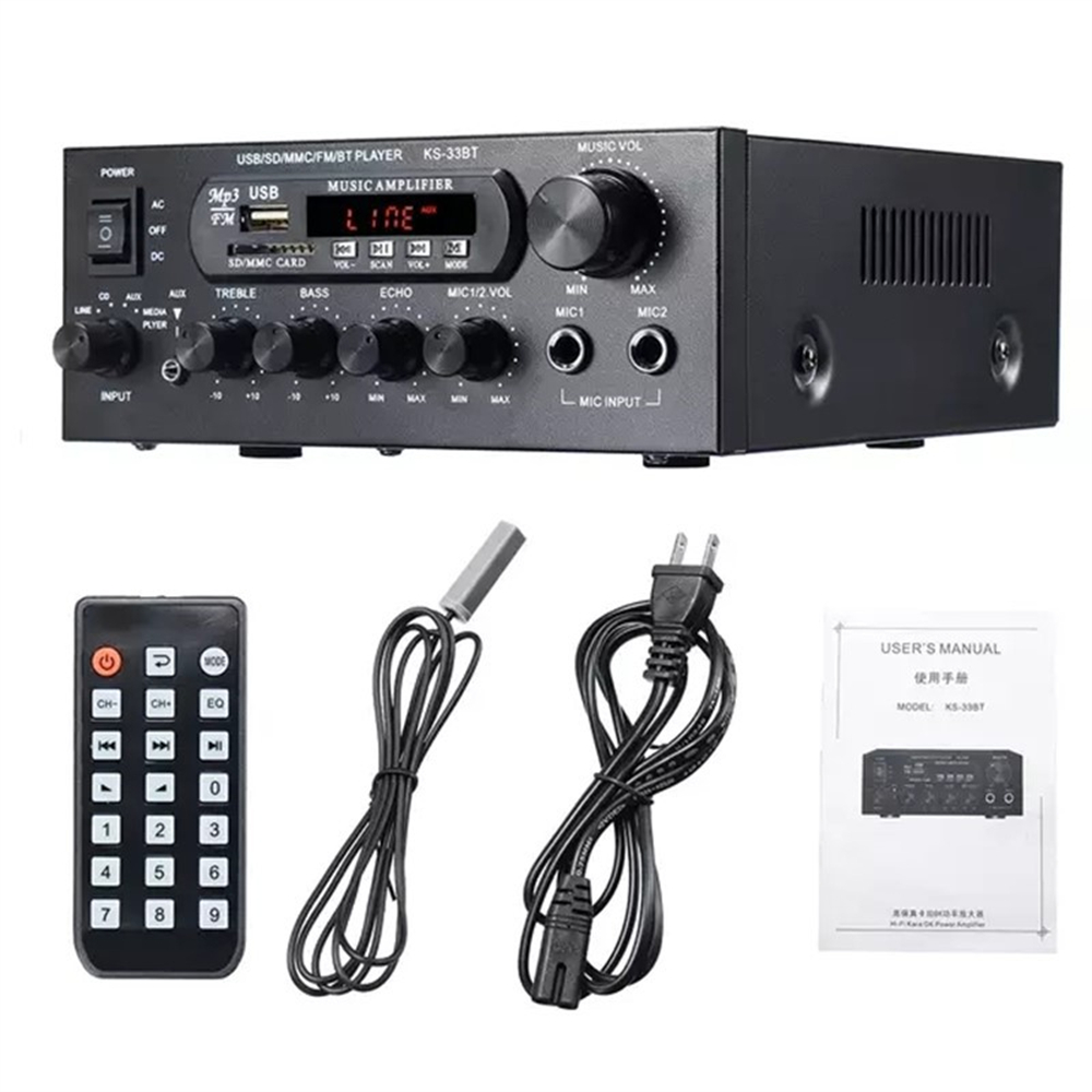 POWERMp3 USBACOFFMMC CARD USBSDMMC/FM/ PLAYER 33BTMUSC AMPLIFIERMUSIC VOLMTREBLEBASSECHOMIC1/2 VOLMAXMIC1MIC2IINPUTCH-CHEQMAXMIN MAXLMIC INPUTUSERS MANUAL使用 KS-678