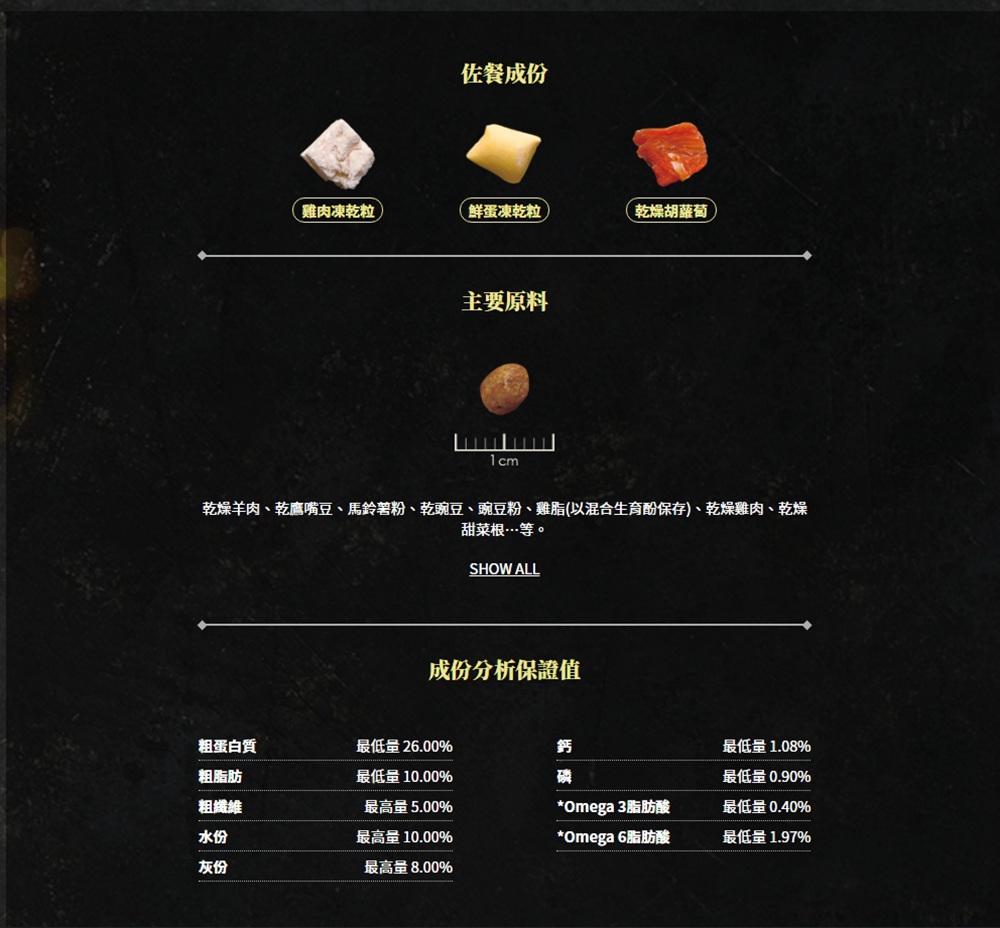 乾燥羊肉、乾鷹嘴豆、馬鈴薯粉、乾豌豆、豌豆粉、雞脂以混合生育酚保存、乾燥雞肉、乾燥